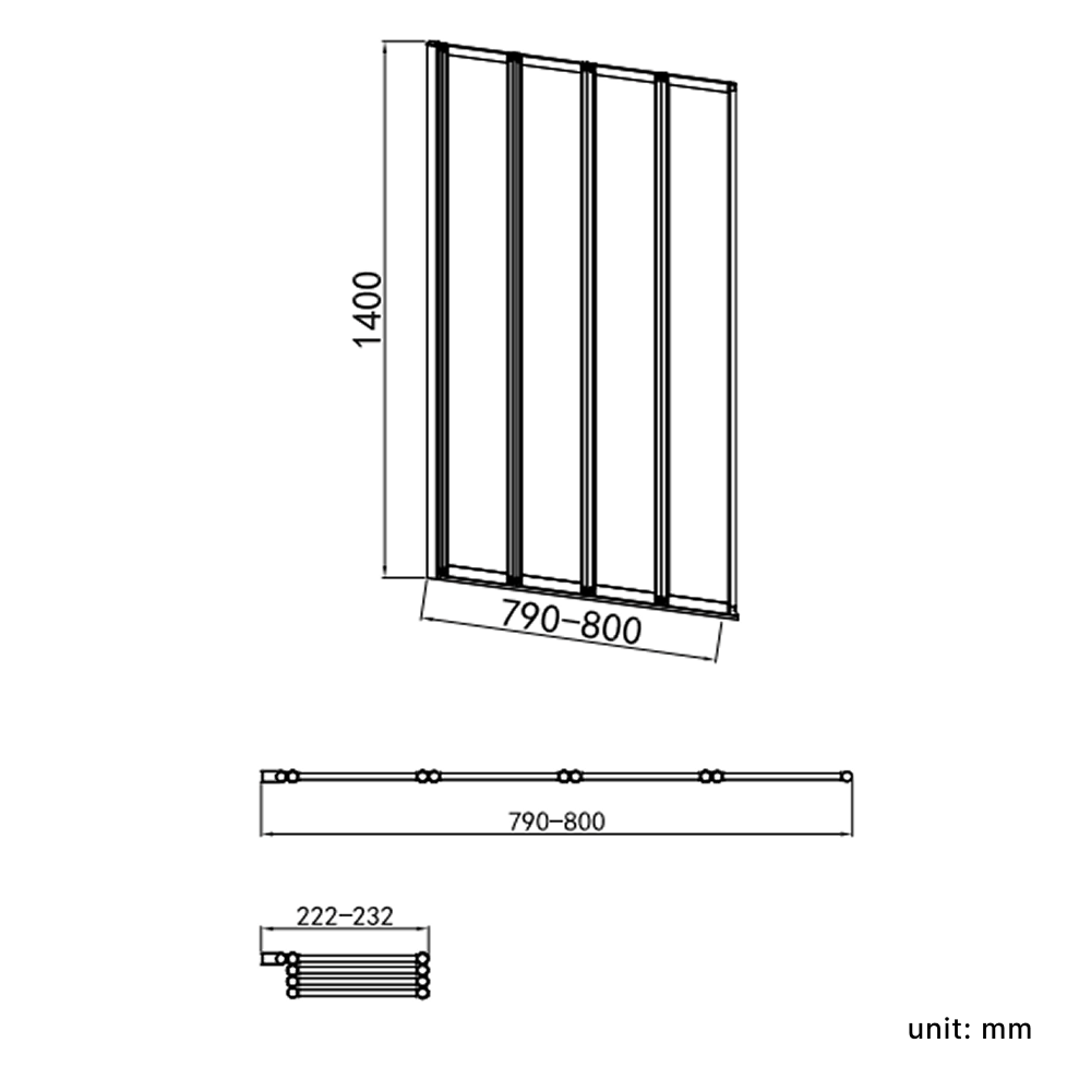 Sail Concertina 4mm Glass 4-Fold Bath Screen - 1400mm x 800mm - Chrome