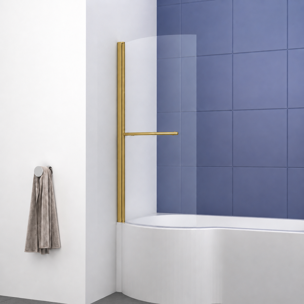 VeeBath 1435mm x 720mm 6mm Glass Curved Shower Bath Screen with Towel Rail - Chrome