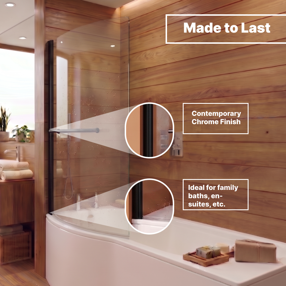 Curved Bath Screen with Towel Rail - 1400 x 730mm - Chrome