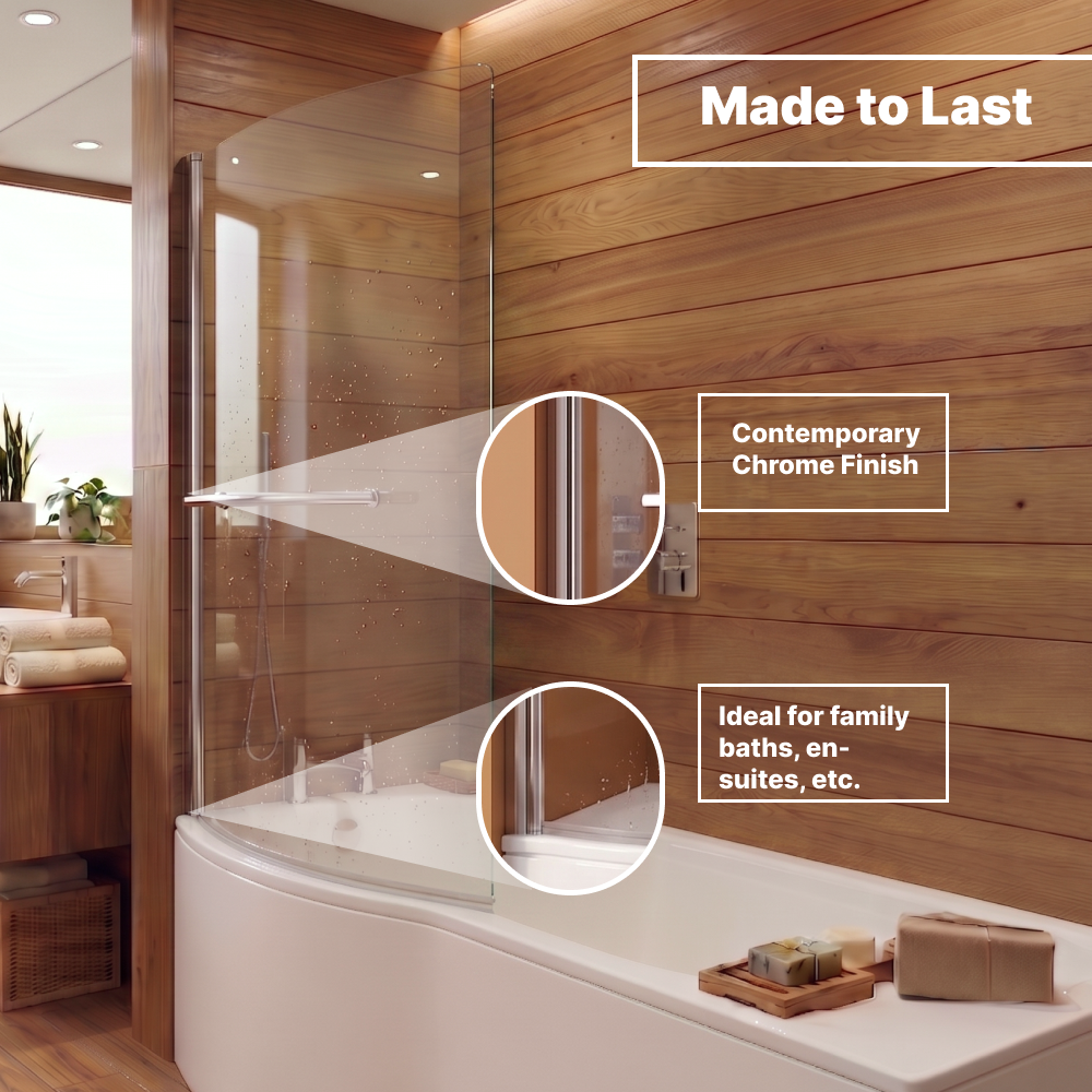 Curved Bath Screen with Towel Rail - 1400 x 730mm - Chrome