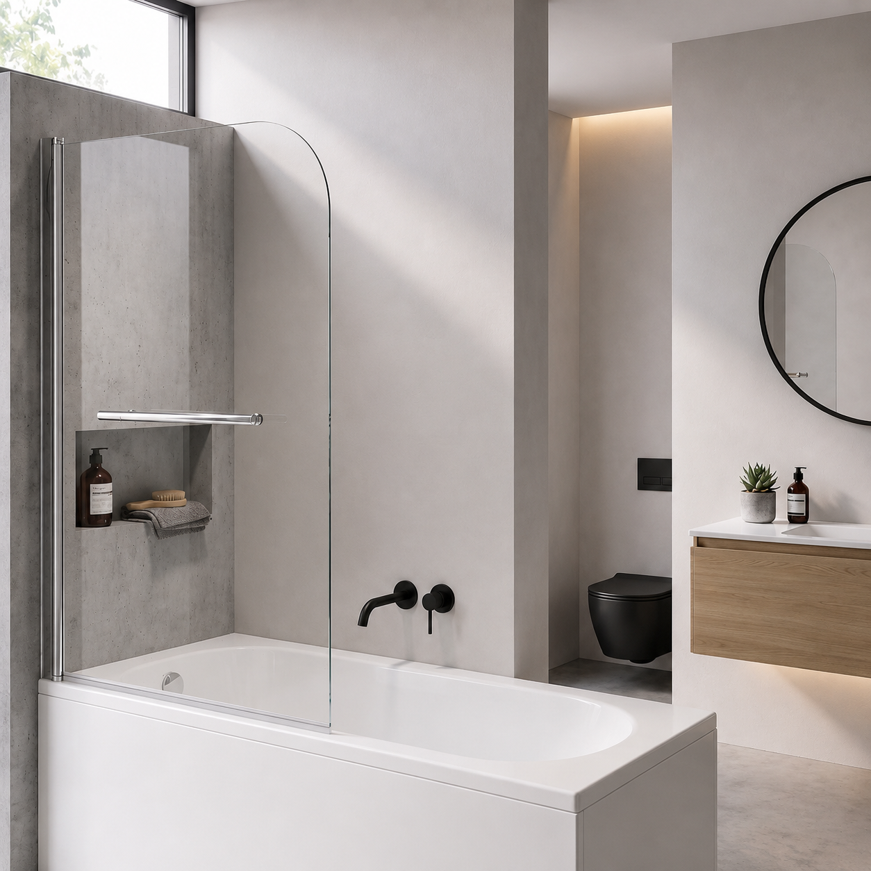 Supreme 6mm Glass Sail Bath Screen with Pivot Panel and Towel Rail - Chrome