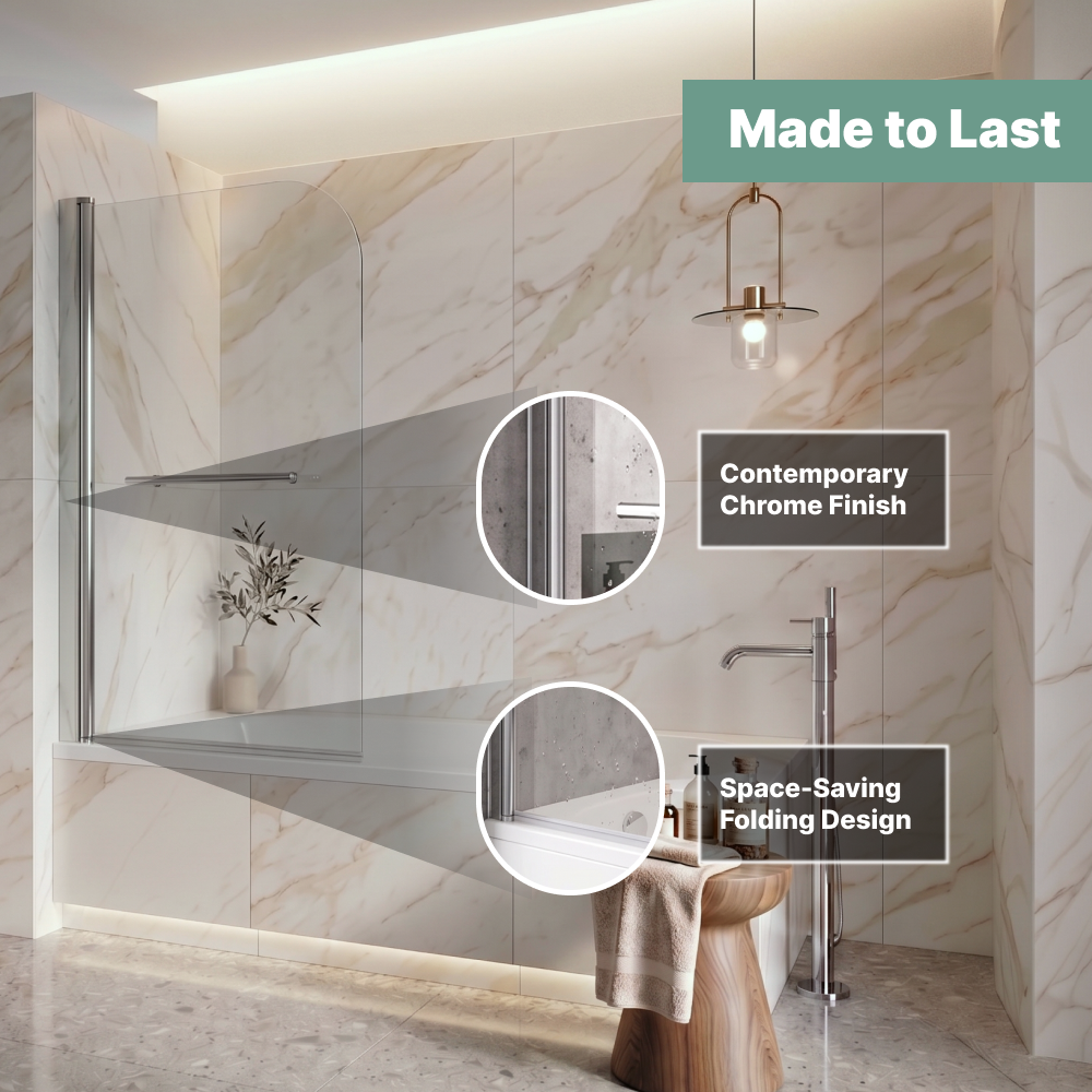 Curved Top Pivot Bath Screen with Towel Rail - Chrome