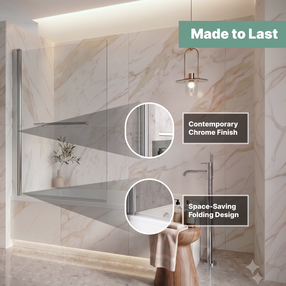 Aureon Square Edge 6mm Glass Pivot Bath Screen with Towel Rail - 1400mm x 800mm - Chrome