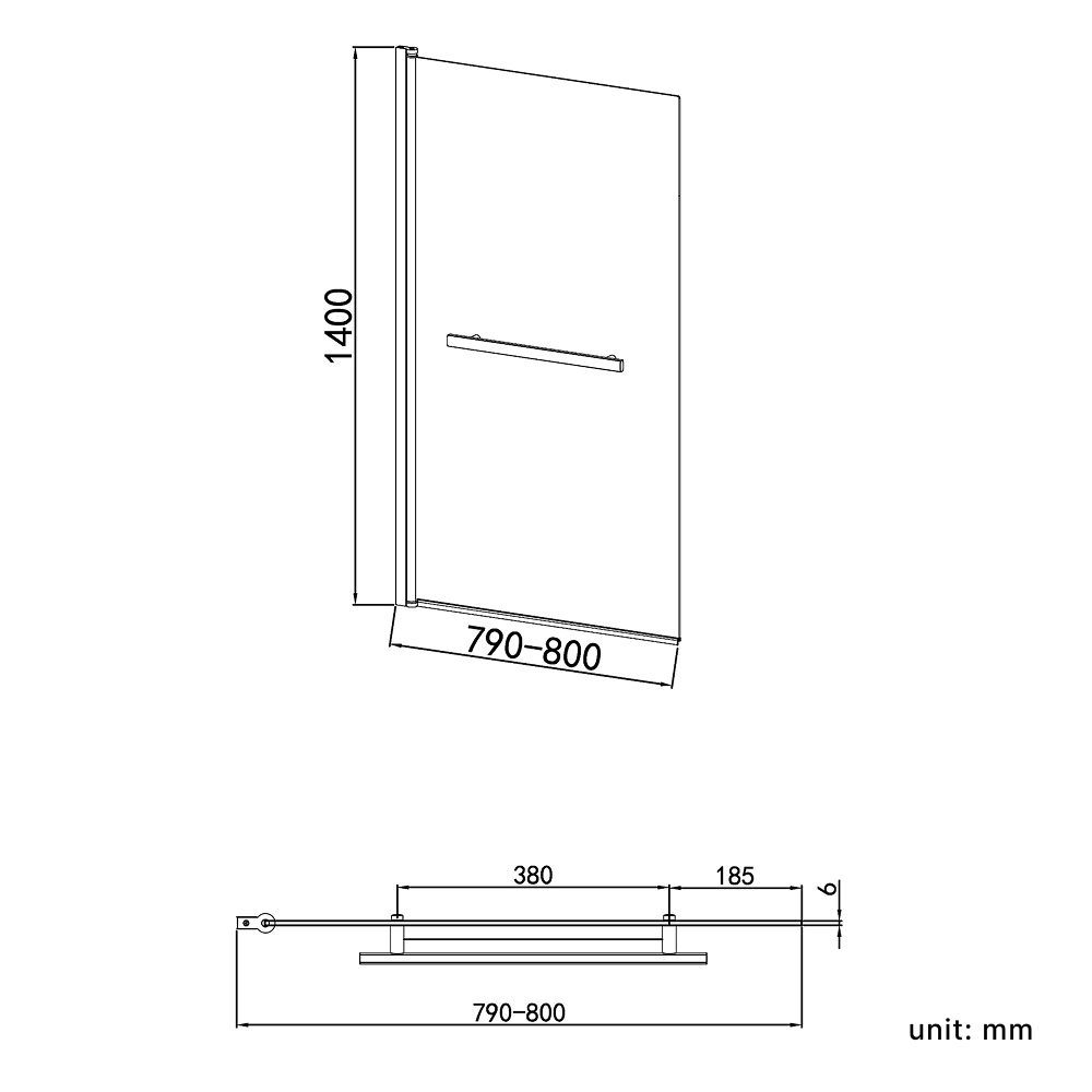 Aureon Square Edge 6mm Glass Pivot Bath Screen with Towel Rail - 1400mm x 800mm - Chrome