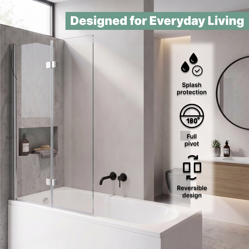 Bi Fold Bath Screen - 1400 x 750mm - 6mm Toughened Safety Glass - Chrome