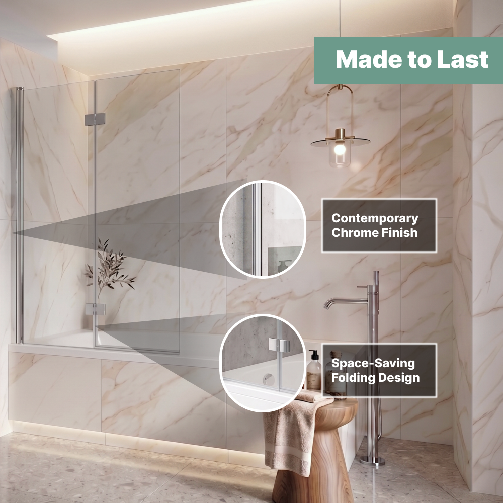 Bi Fold Bath Screen - 1400 x 750mm - 6mm Toughened Safety Glass - Chrome