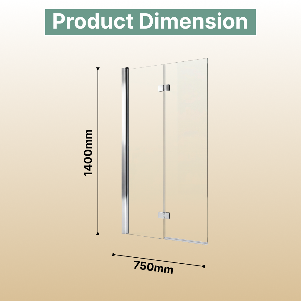 Bi Fold Bath Screen - 1400 x 750mm - 6mm Toughened Safety Glass - Chrome