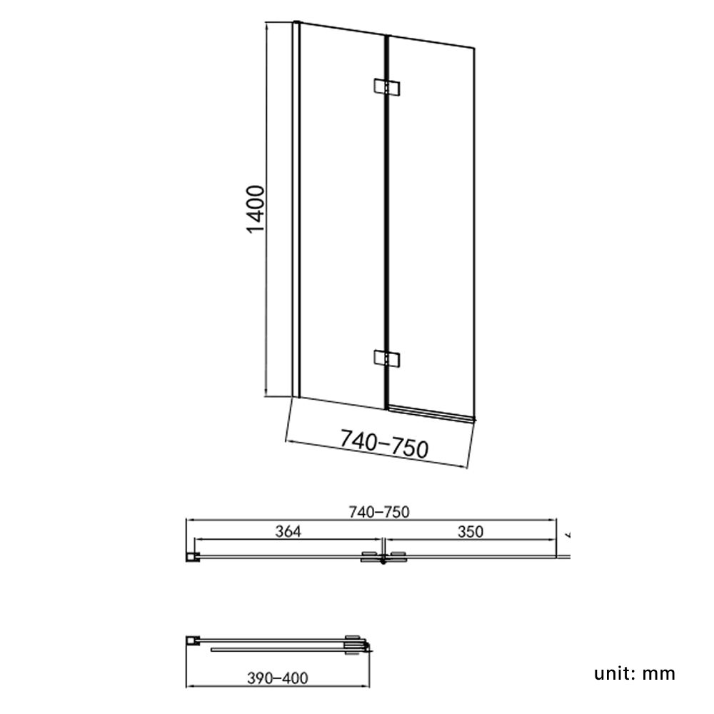 Bi Fold Bath Screen - 1400 x 750mm - 6mm Toughened Safety Glass - Chrome