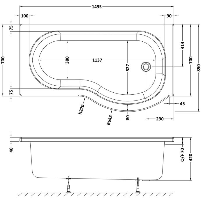 Fusion P Shaped Shower Bath - White