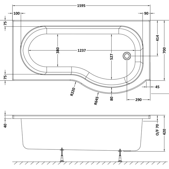Fusion P Shaped Shower Bath - White