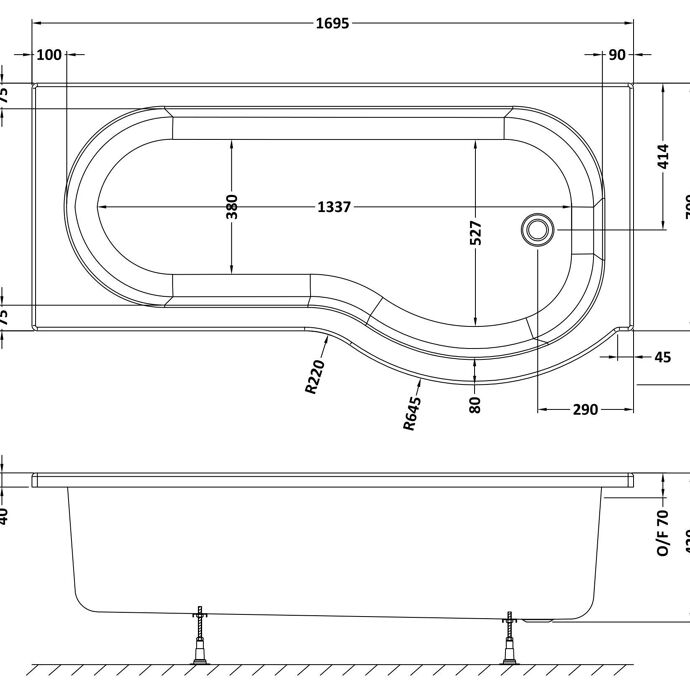 Fusion P Shaped Shower Bath - White