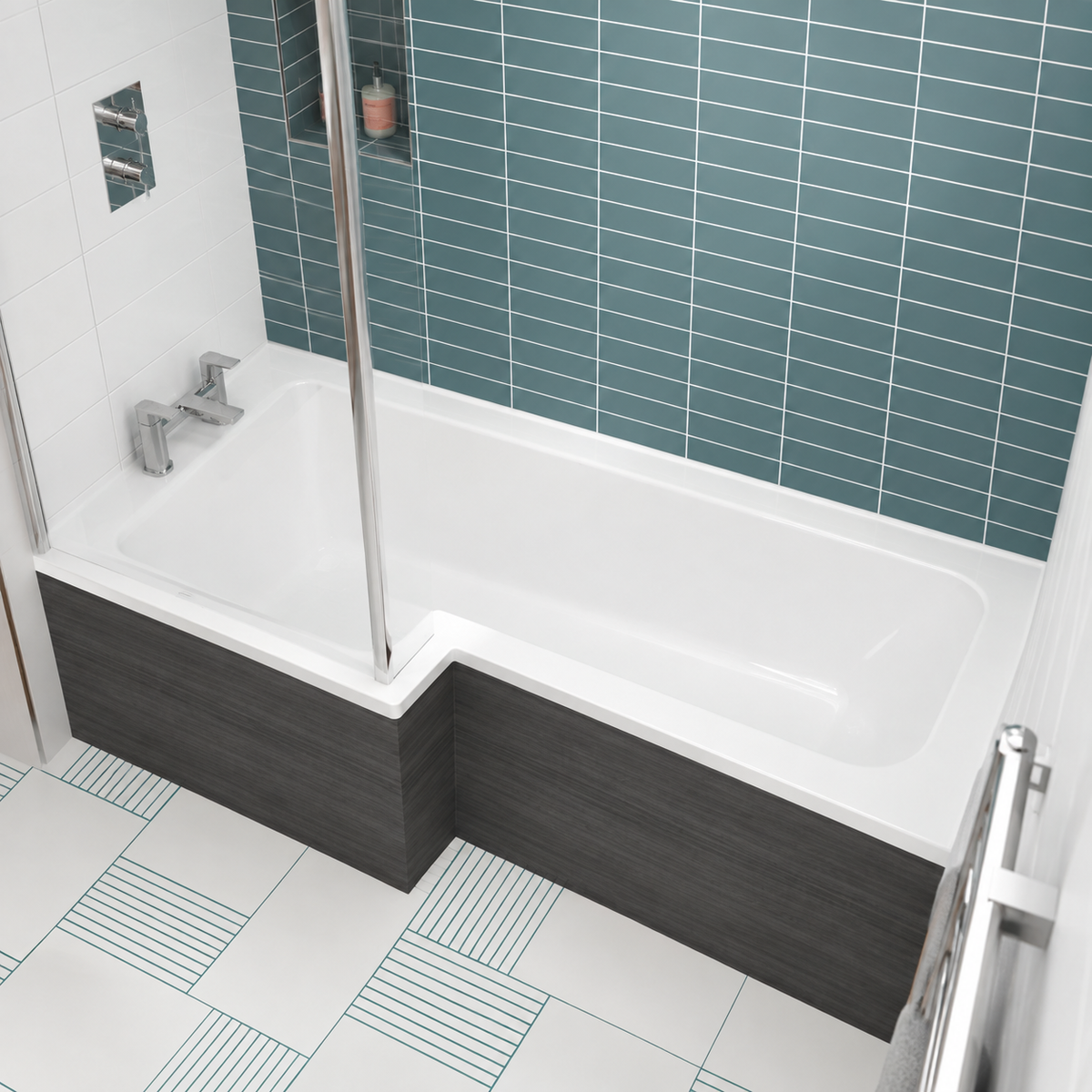 Prime L Shaped Rectangular Shower Bath with Legs - White