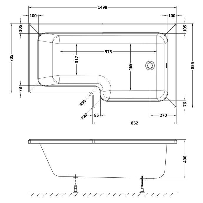 Prime L Shaped Rectangular Shower Bath with Legs - White