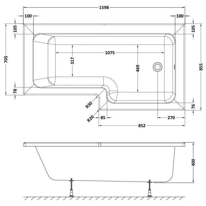 Prime L Shaped Rectangular Shower Bath with Legs - White