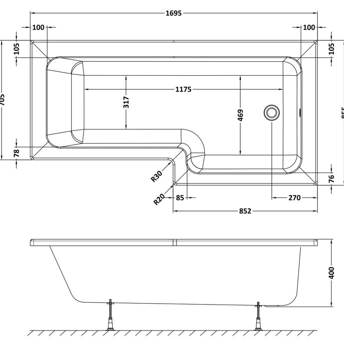Prime L Shaped Rectangular Shower Bath with Legs - White