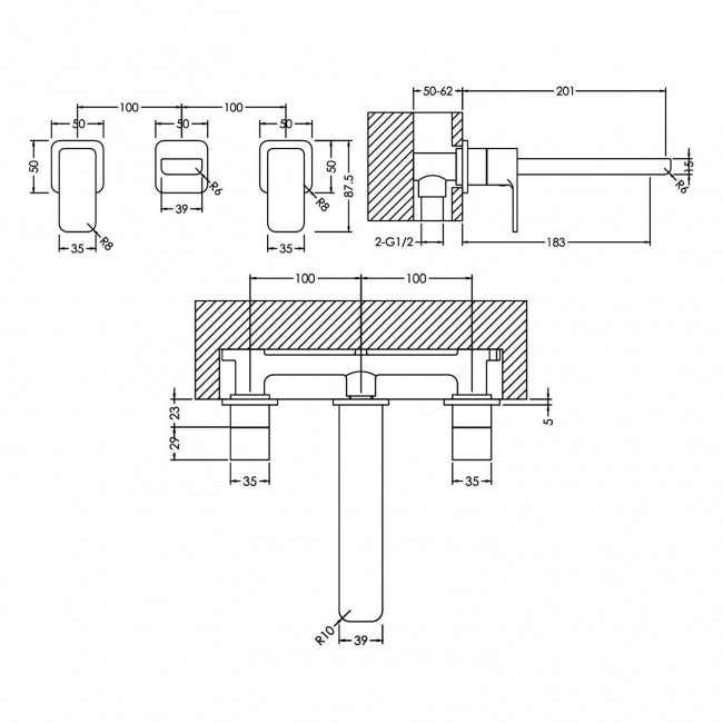 Sterling 3 Hole Wall Mounted Basin Mixer Tap Without Plate - Chrome