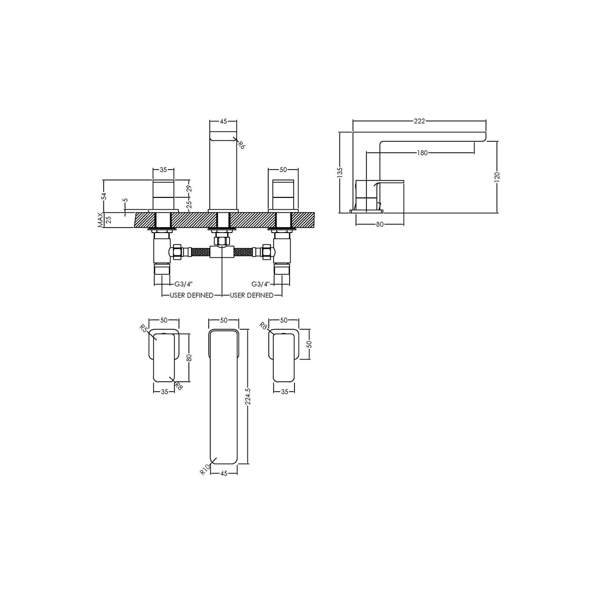 Sterling 3 Hole Deck Mounted Bath Filler Tap - Chrome