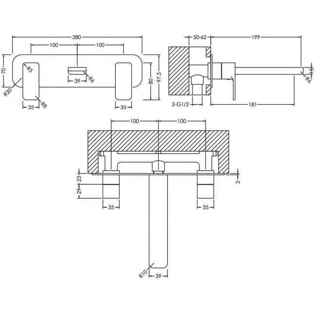 Sterling 3 Hole Wall Mounted Basin Mixer Tap With Plate - Chrome