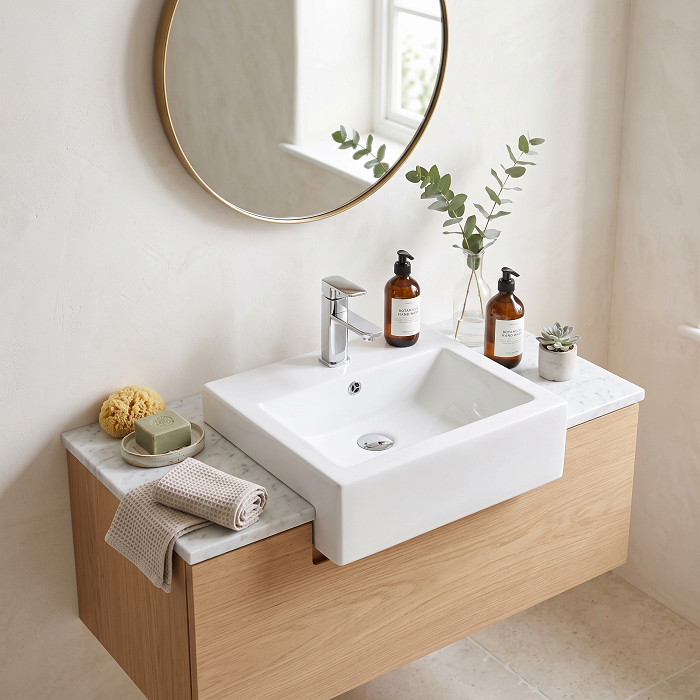 Serenity Rectangle Semi Recessed Basin - 530mm Wide - 1 TH - White