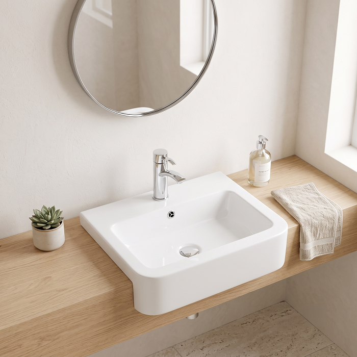 Serenity Rectangle Semi Recessed Basin - 570mm Wide - 1 TH - White