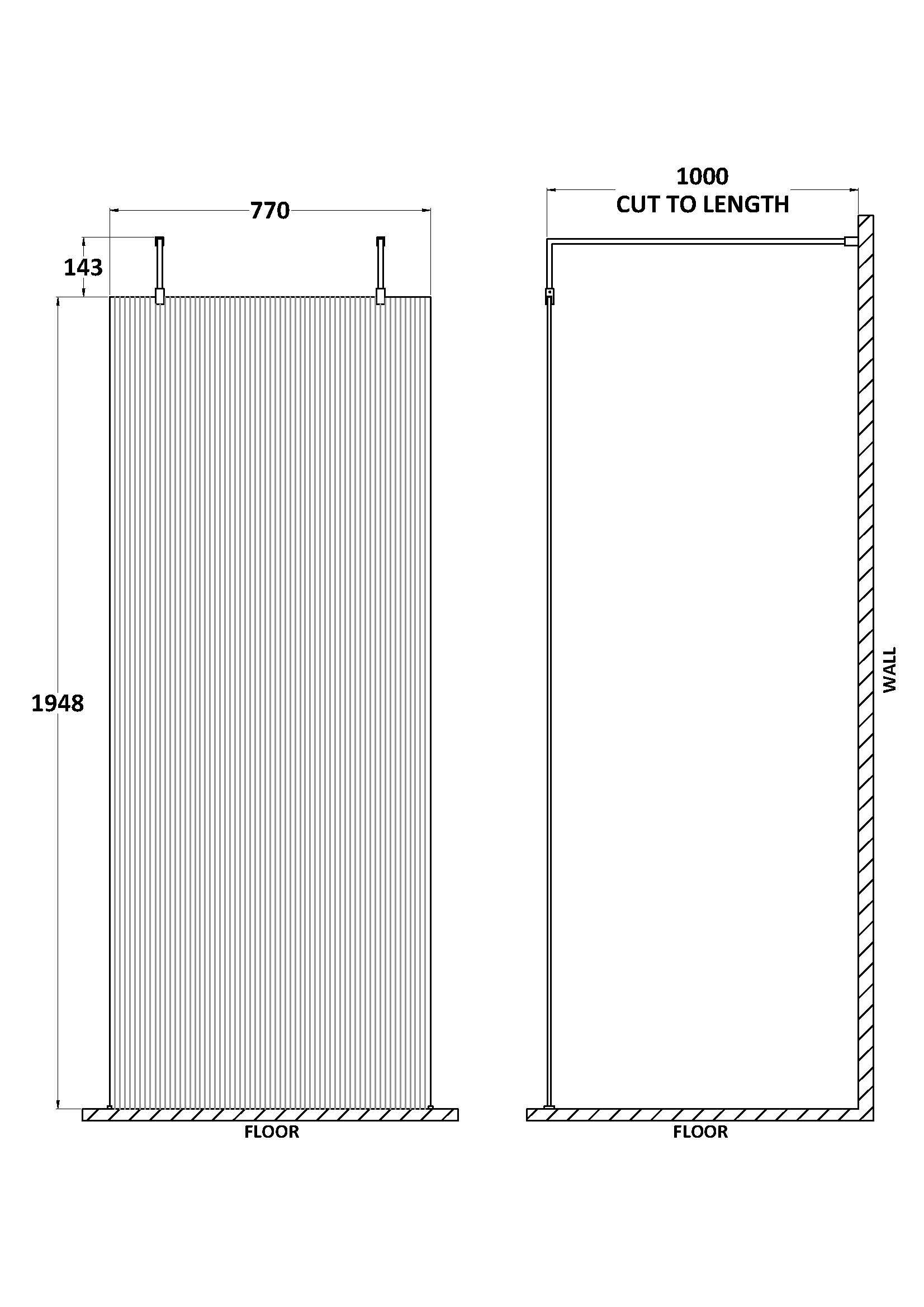 Haven 8mm Glass Fluted Wetroom Panel With Arms And Feet