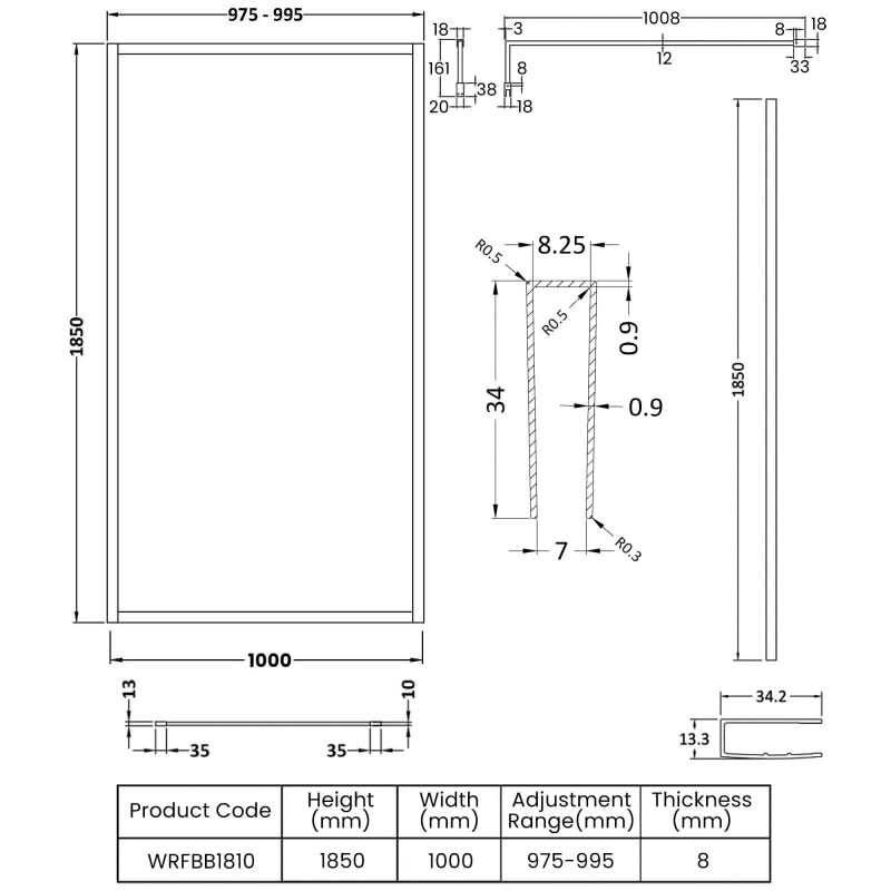 Cubis 8mm Glass Full Outer Framed Wetroom Panel With Support Bar