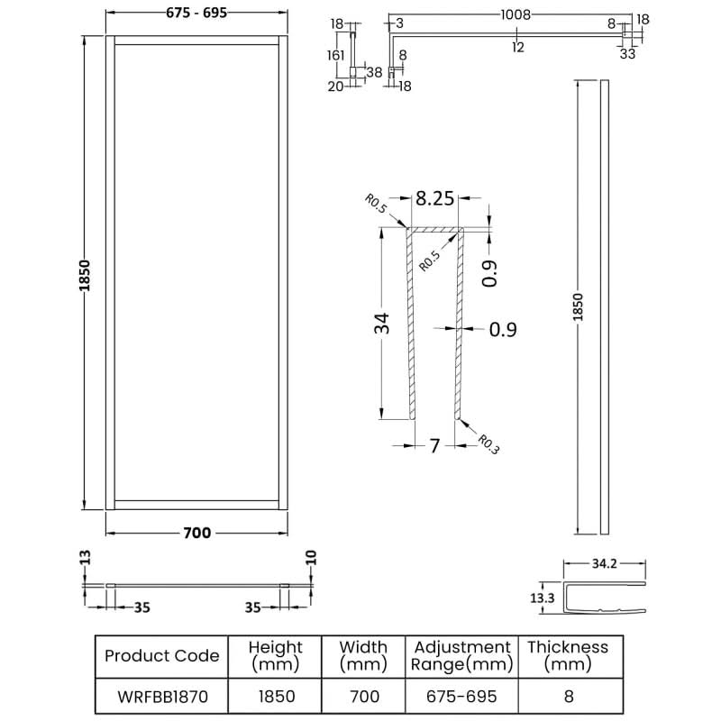 Cubis 8mm Glass Full Outer Framed Wetroom Panel With Support Bar