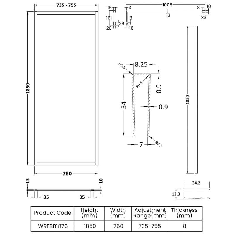 Cubis 8mm Glass Full Outer Framed Wetroom Panel With Support Bar