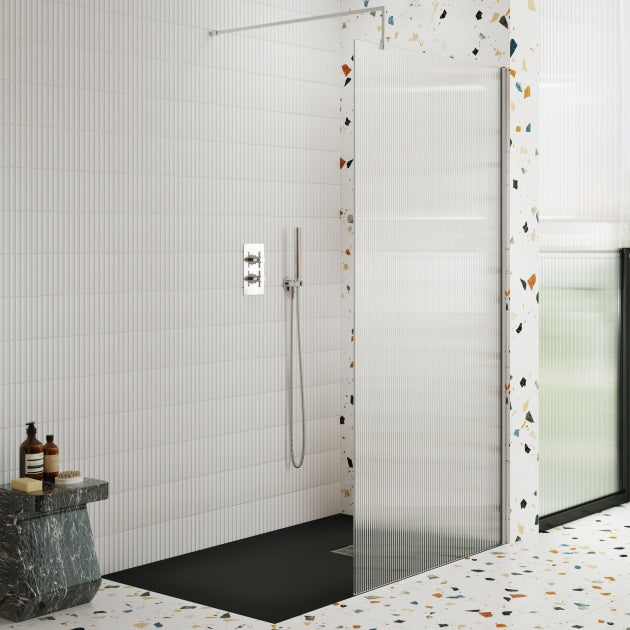 Contour 8mm Glass Fluted Wetroom Panel With Support Bar