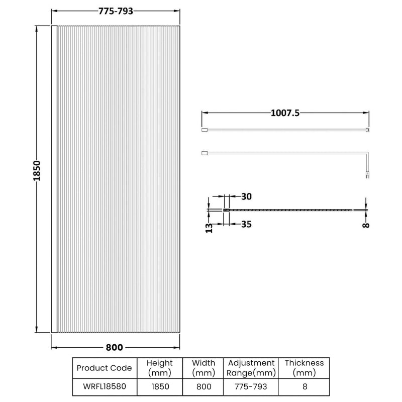 Contour 8mm Glass Fluted Wetroom Panel With Support Bar