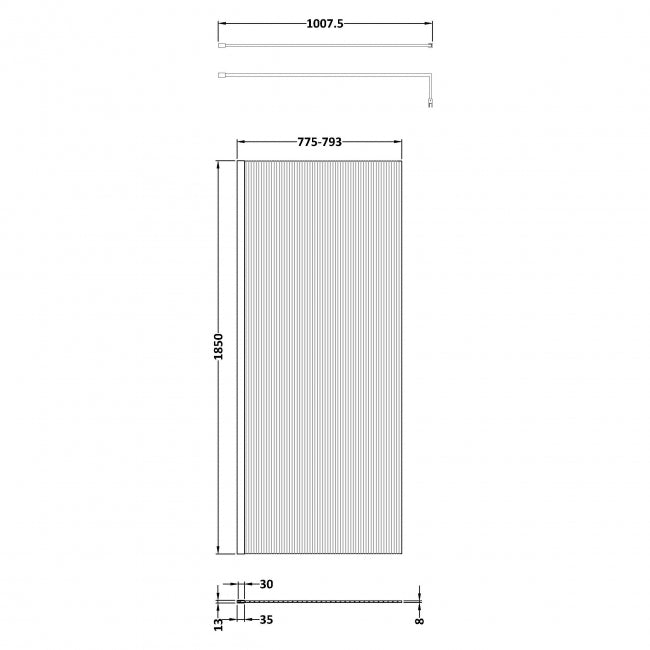 Contour 8mm Glass Fluted Wetroom Panel With Support Bar