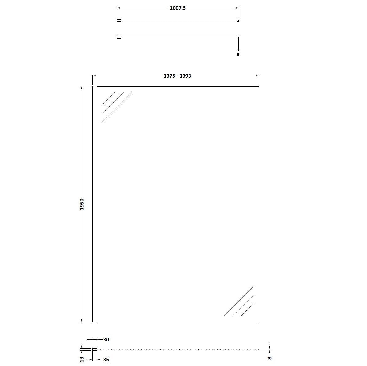 Cascade 8mm Glass Wetroom Panel With Support Bar