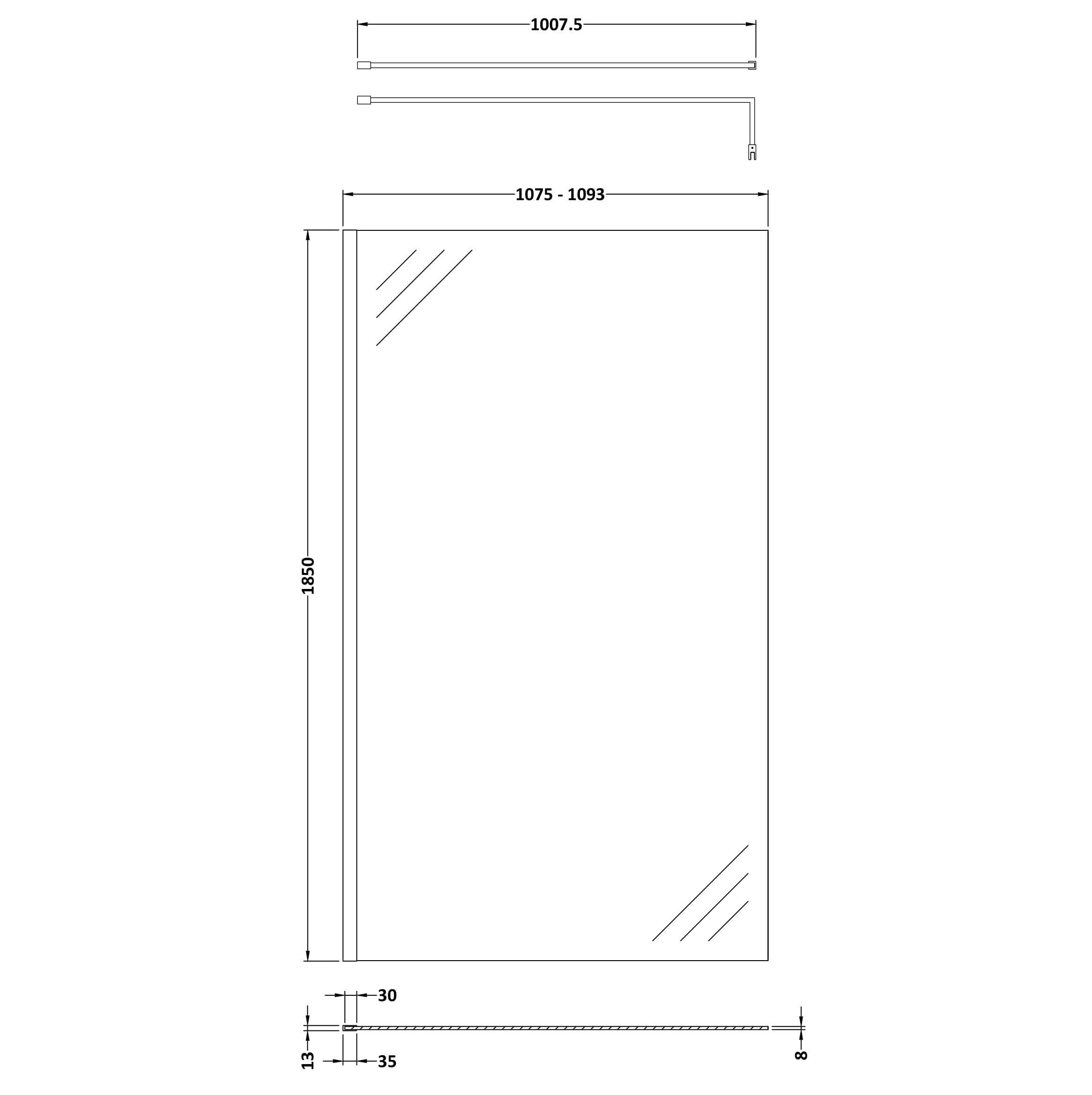 Safira 8mm Glass Wetroom Screen With Support Bar - Chrome