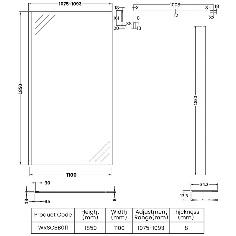 Nora 8mm Wetroom Panel With Support Bar