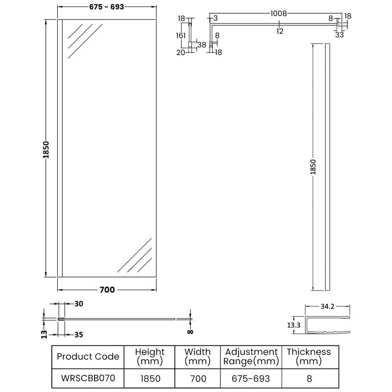Nora 8mm Wetroom Panel With Support Bar
