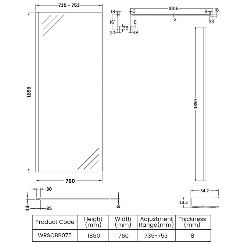 Nora 8mm Wetroom Panel With Support Bar