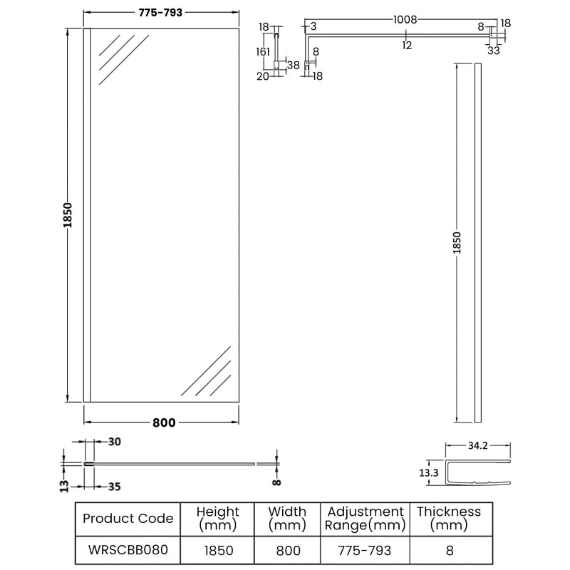 Nora 8mm Wetroom Panel With Support Bar