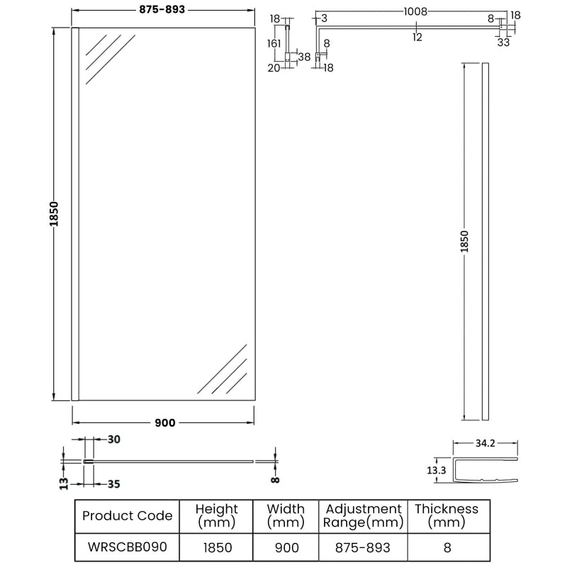 Nora 8mm Wetroom Panel With Support Bar