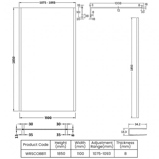 Linear 8mm Glass Outer Framed Wetroom Panel With Support Bar
