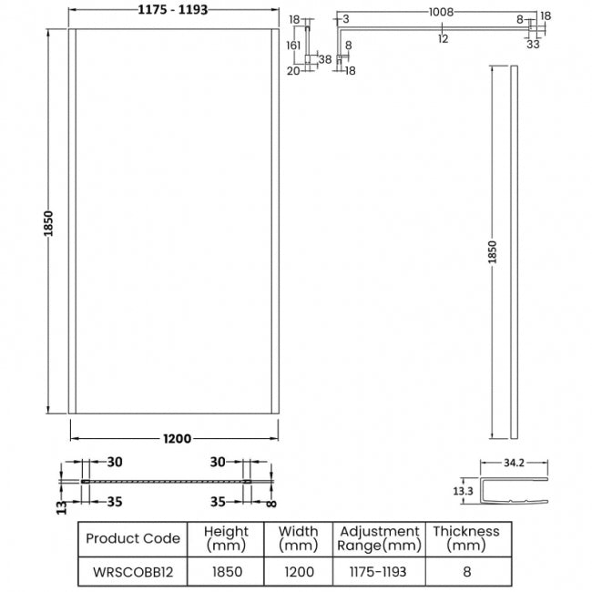 Linear 8mm Glass Outer Framed Wetroom Panel With Support Bar