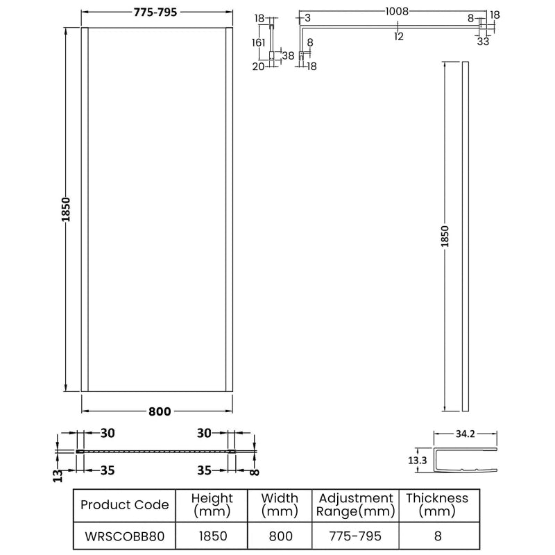 Linear 8mm Glass Outer Framed Wetroom Panel With Support Bar