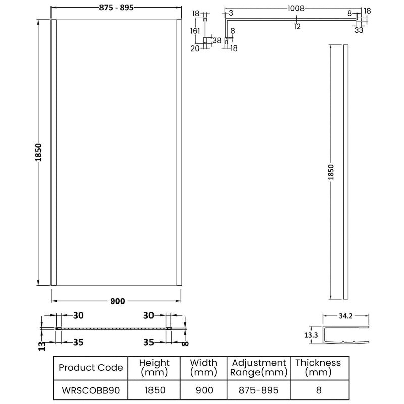 Linear 8mm Glass Outer Framed Wetroom Panel With Support Bar