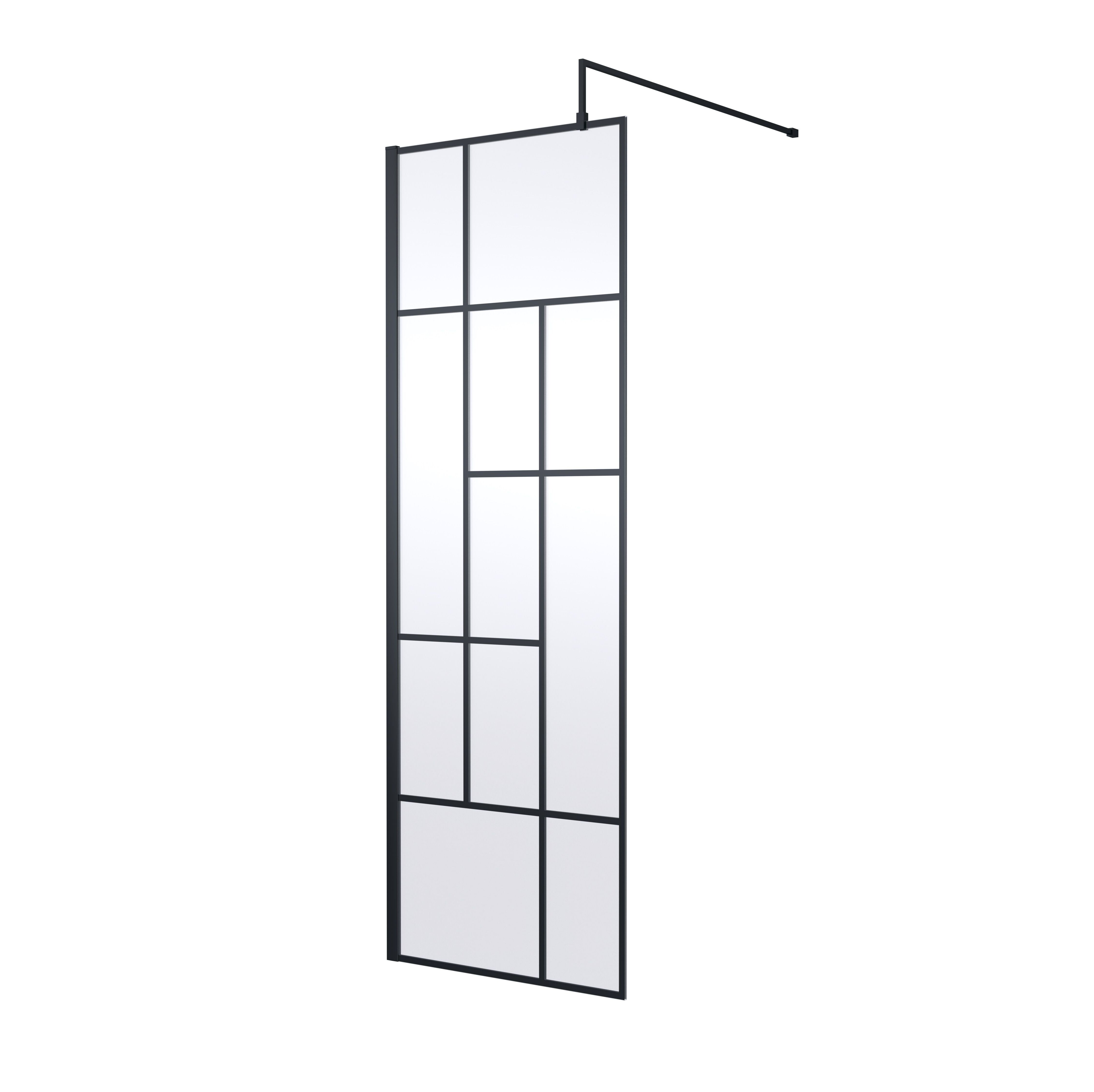 Aspect 8mm Glass Abstract Frame Wetroom Panel With Support Bar - Matt Black