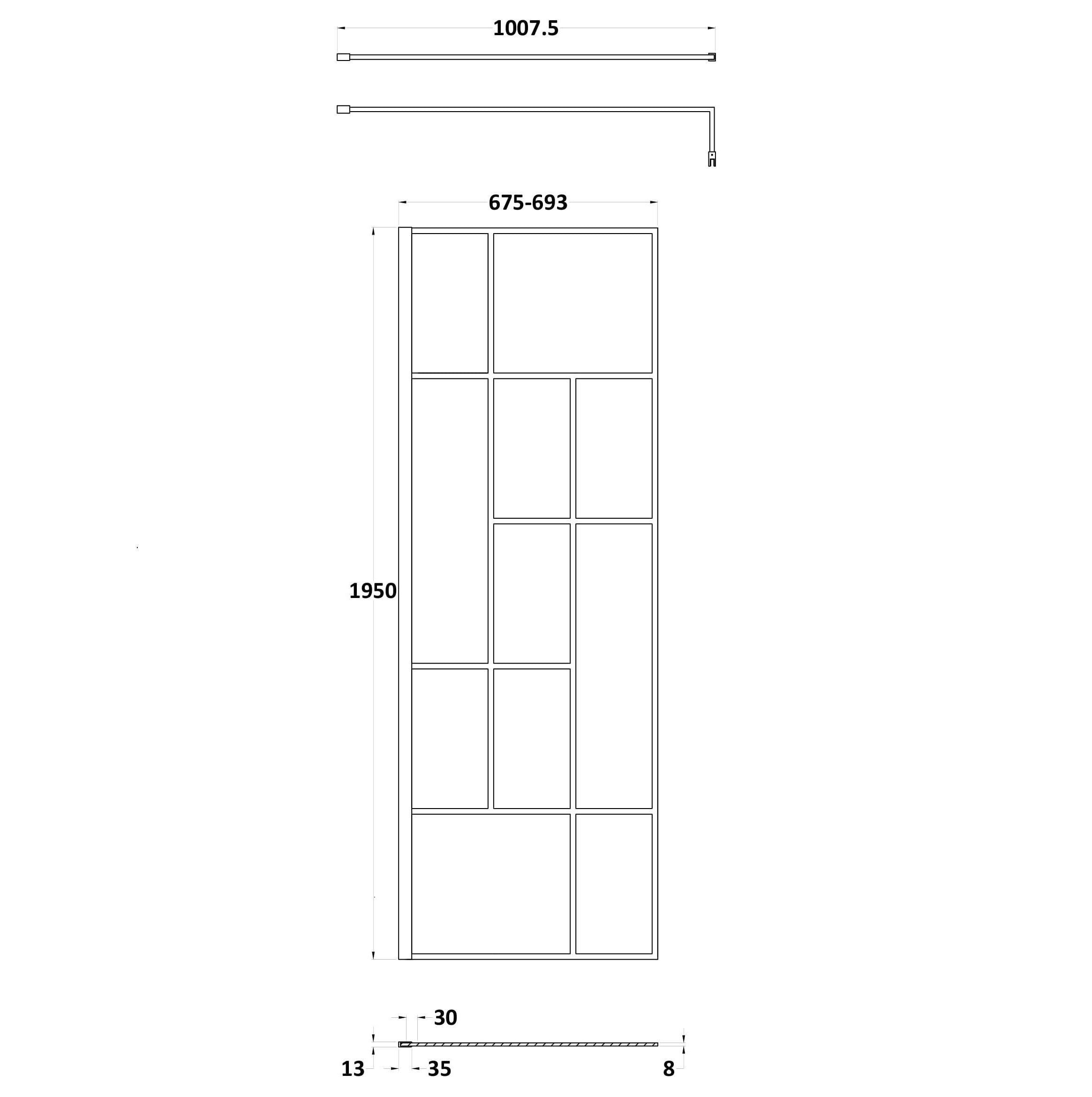 Aspect 8mm Glass Abstract Frame Wetroom Panel With Support Bar - Matt Black