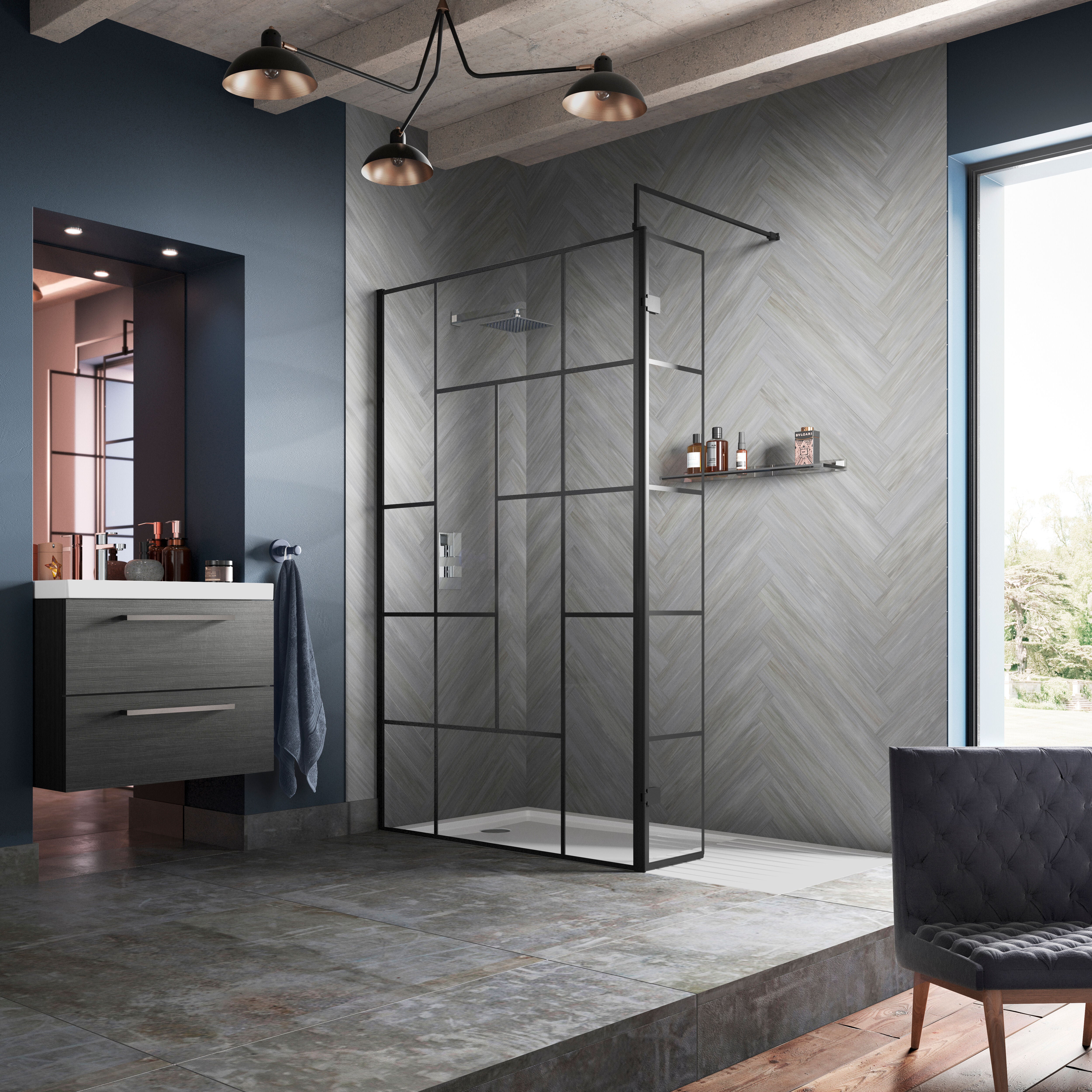 Aspect 8mm Glass Abstract Frame Wetroom Screen With Support Bar - Matt Black