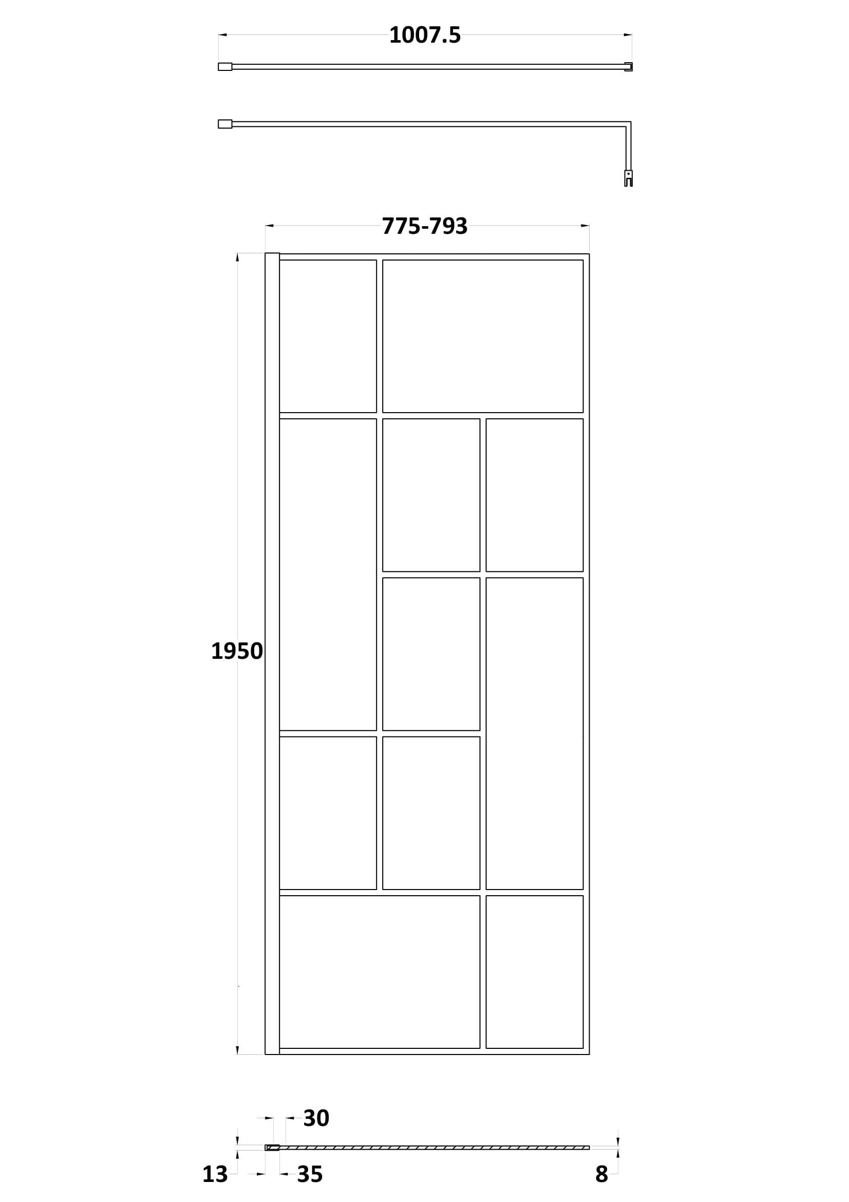 Aspect 8mm Glass Abstract Frame Wetroom Screen With Support Bar - Matt Black