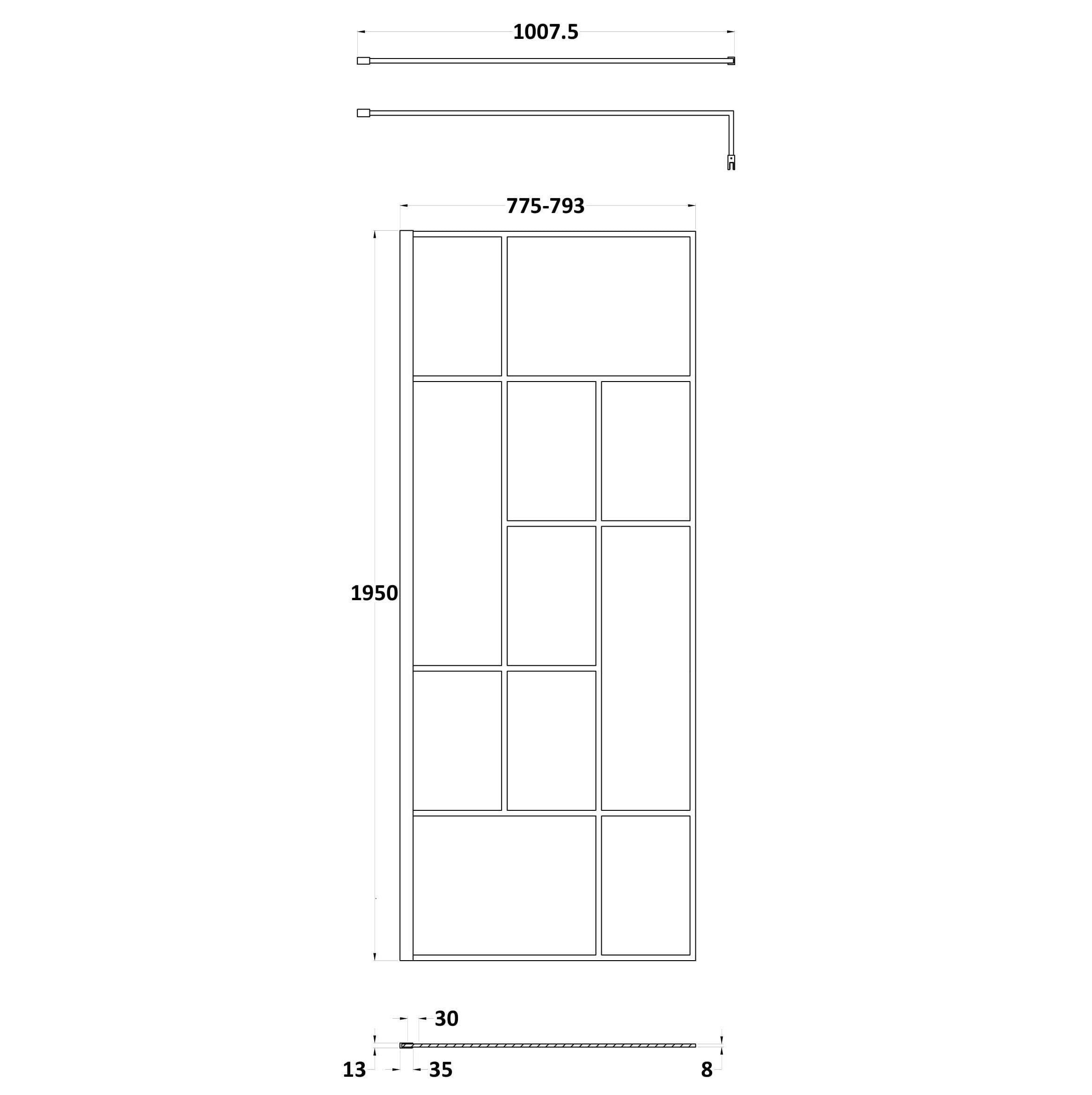 Aspect 8mm Glass Abstract Frame Wetroom Panel With Support Bar - Matt Black