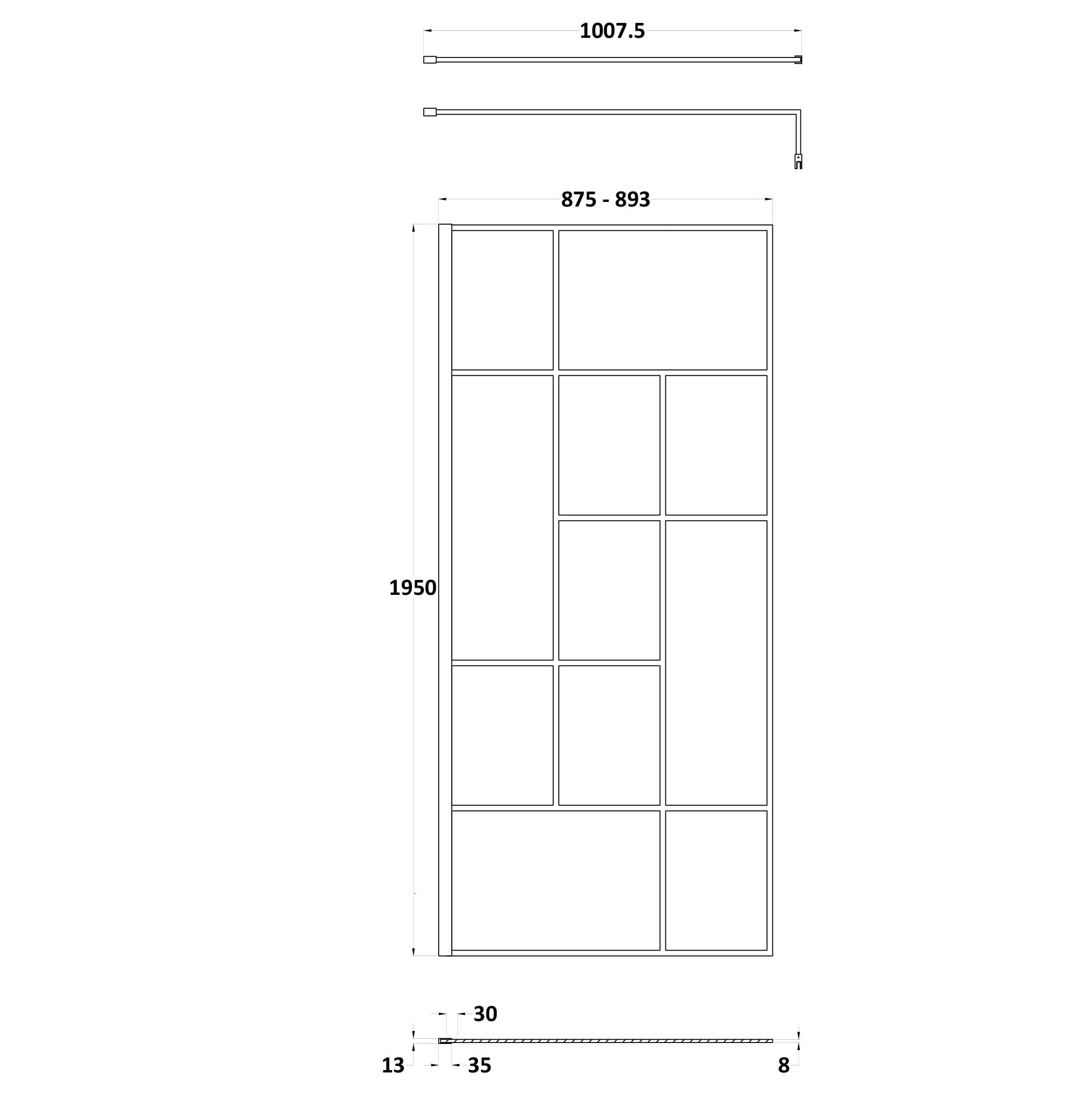 Aspect 8mm Glass Abstract Frame Wetroom Panel With Support Bar - Matt Black