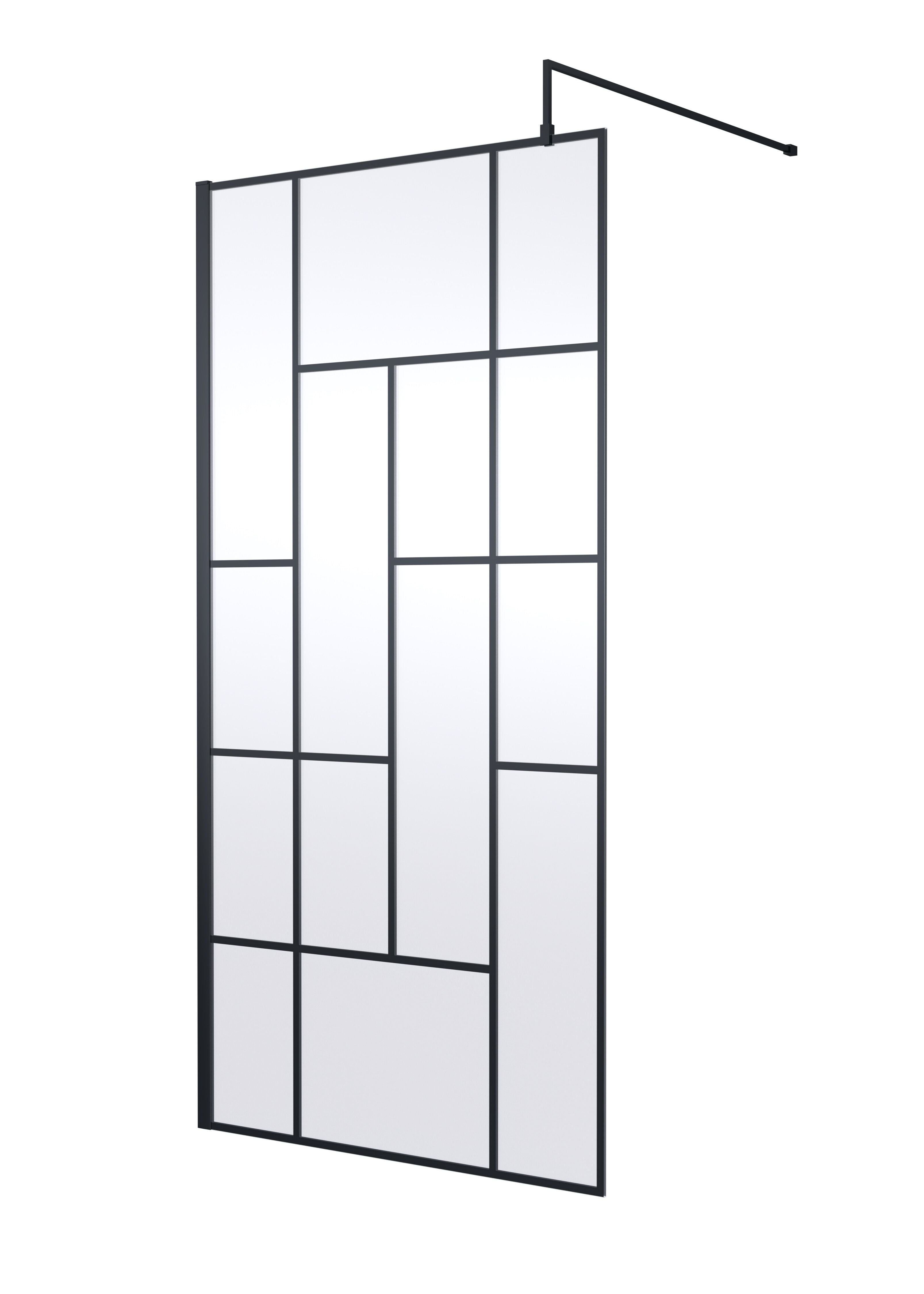 Aspect 8mm Glass Abstract Frame Wetroom Screen With Support Bar - Matt Black
