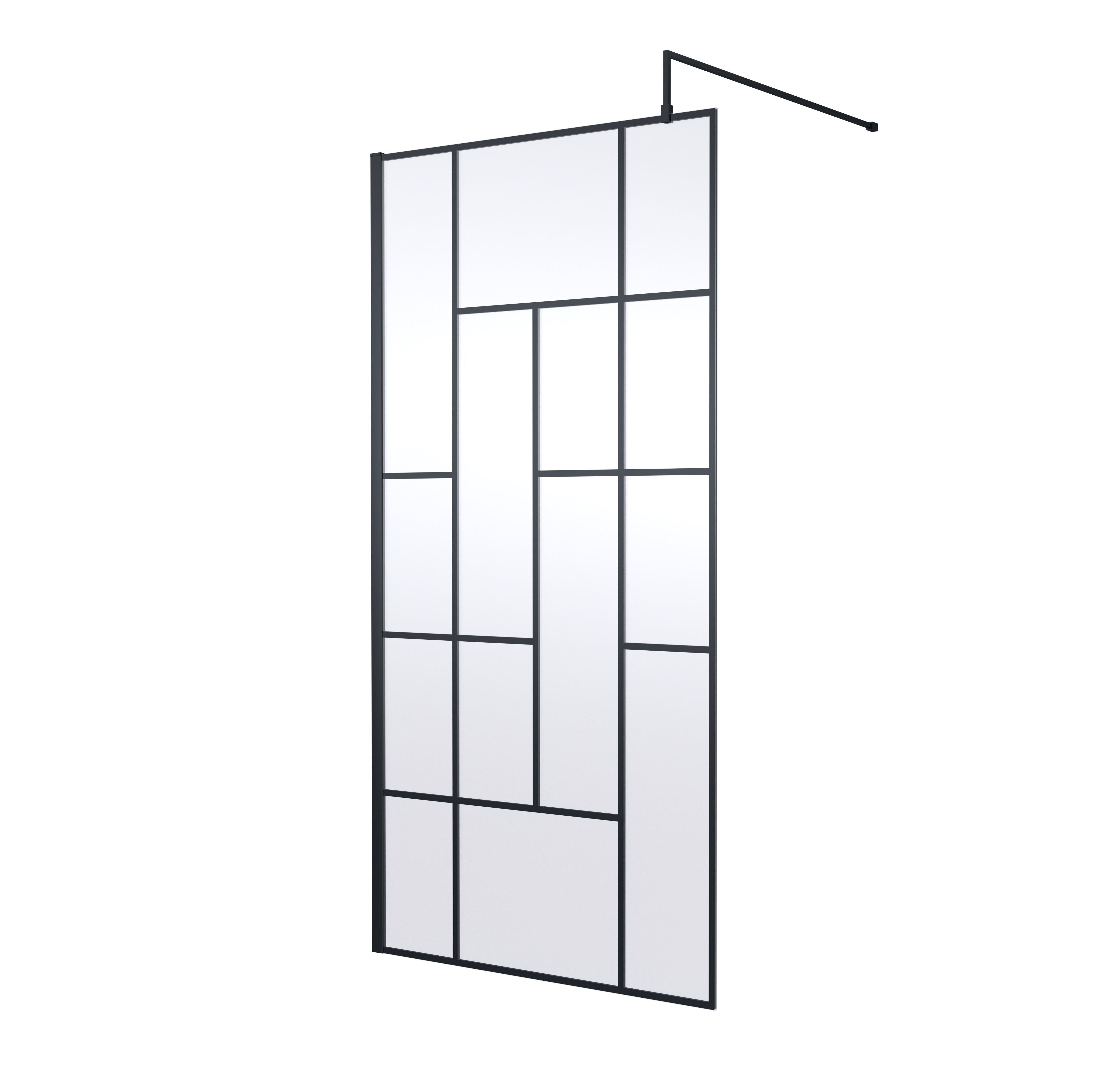 Aspect 8mm Glass Abstract Frame Wetroom Panel With Support Bar - Matt Black
